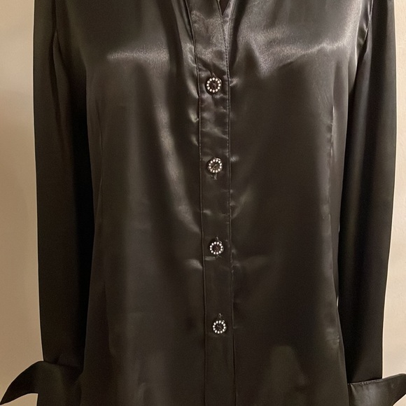 Luxury European designer black satin collared button up blouse bishop sleeves L - Picture 5 of 13